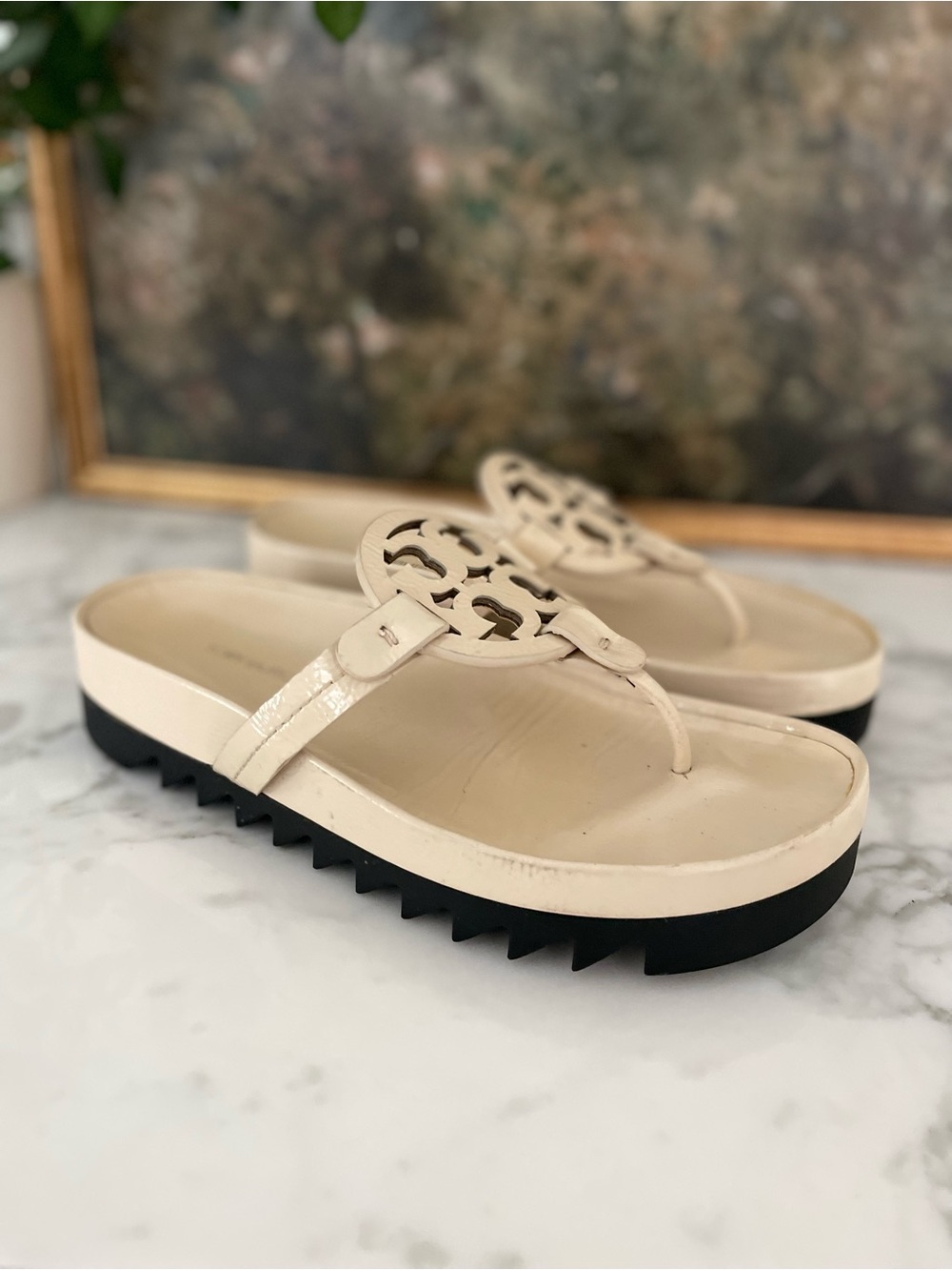 Tory Burch Miller Cloud Chunky  Sandals Size 8 Patent Leather Cream - Picture 2 of 8